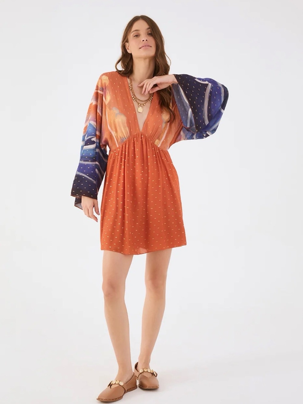 Mixed-Print Rust Orange V‑Neck Mini Dress